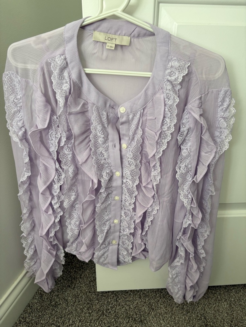 LOFT
Lace Ruffle Button-Front Blouse - Lavender - Picture 5 of 8